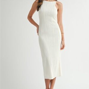 RIHOAS Cream Textured Midi Dress With Pearl Straps